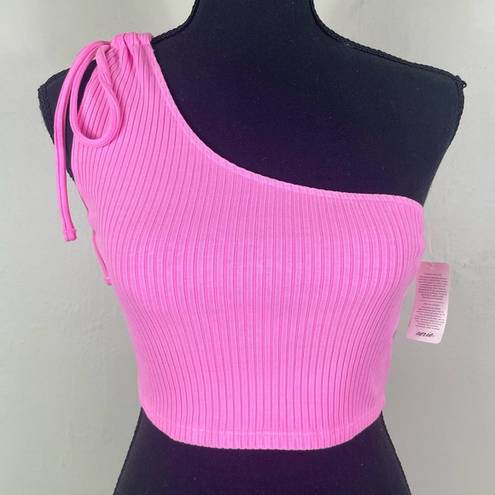 Aerie  Neon Pink One Shoulder Ribbed Rebel Tie Shoulder Cropped Tank