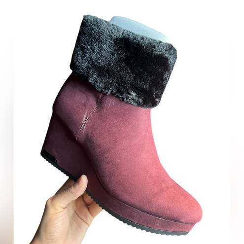 DKNY  Nadra  Burgundy and Black Faux Fur Suede Wedge Booties 9.5