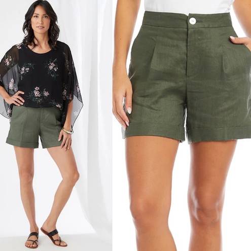 Karen Kane NWT  High Waist Pleated Shorts OLIVE 100%LINEN SZ-16