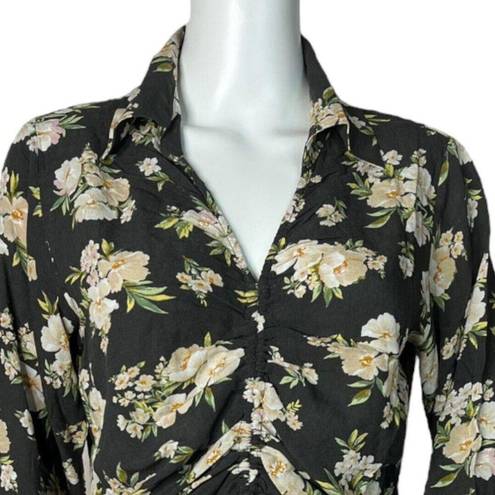 Oak + Fort  Shirt Womens Medium Black Cream Floral Flowers Ruched Tie Front Bloom