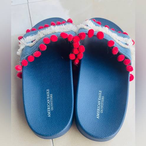 American Eagle  Outfitters Blue Denim Boho Red Puff Slip-on Sandals-Size 8