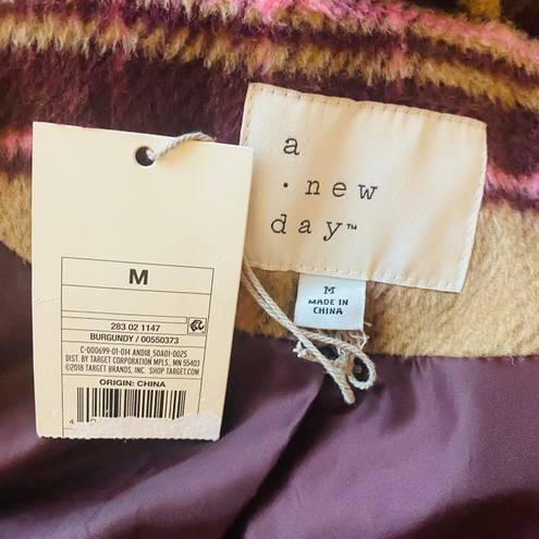 A New Day NWT  Carmel & Burgundy Plaid Long Waist Tie Wool Coat