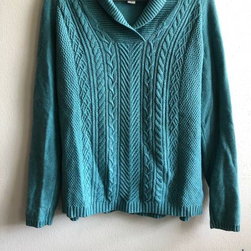 Coldwater Creek  Sweater Teal Blue Shawl Collar Cableknit Sz L (14) GUC