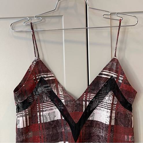 Lovers + Friends  Tank Top Cami Red White Mesh Insert Plaid Tartan Shift Lace XS