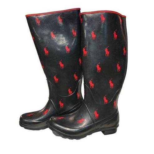 Polo Ralph Lauren Knee-High Rubber Wellies Rainboots Black Red Women, Size 6.5