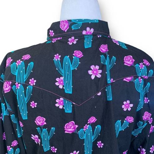 Blossom Cowgirl Hardware Shirt Black Pink Cactus  Floral Snap Front Western Top