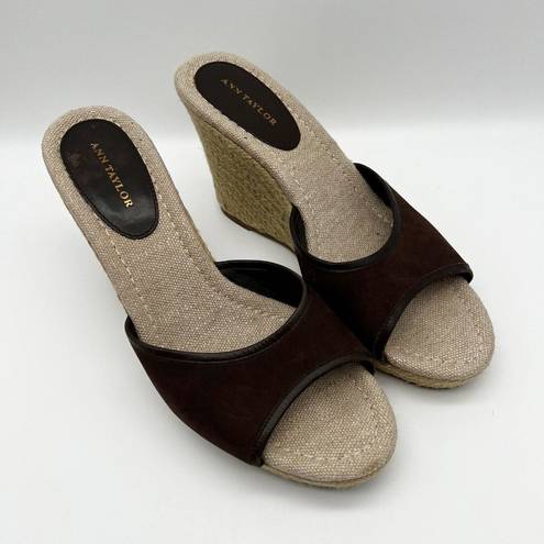 Ann Taylor Brown Suede Slip On Open Toe Jute Wrapped Wedge Platform Heels Size 8