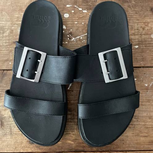 Sorel Roaming Slide Black Two Strap Slip On Sandal Silver Buckle