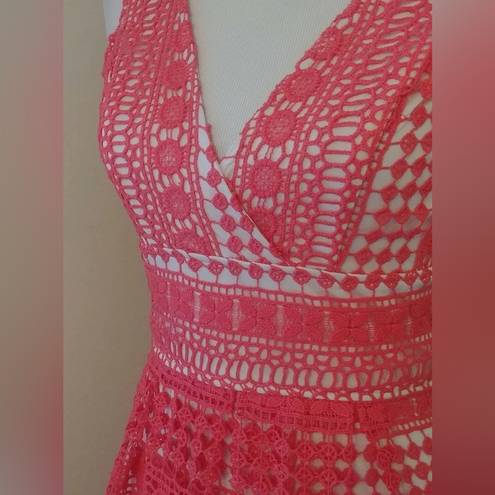 Soiéblu NEW  Coral Crochet Lace V-Neck Pleated A-Line Retro Modcloth Dress Small