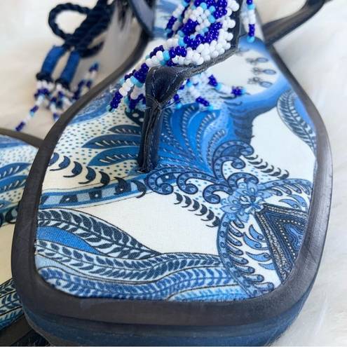 Farm Rio  Blue Tile Beaded Flat Lace Up Sandals Blue Size 6 NEW WITHOUT BOX