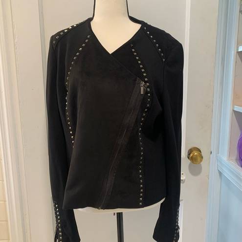 Cache  | suede black embellished asymmetrical zip blazer size large