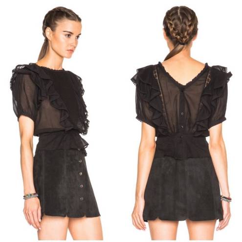 Isabel Marant 💕 ETOILE💕 Black Ruffled Nathan Blouse ~ 100% Cotton Black 34 EU