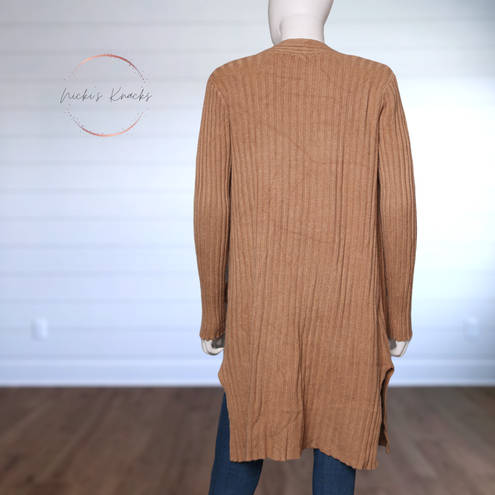 Cyrus  Ribbed Knit Open Front Cardigan Duster Side Split Camel Tan Size XS