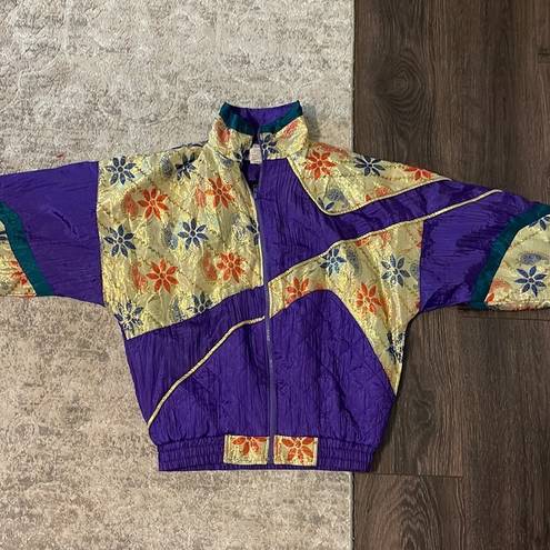 VINTAGE Katana Metallic Gold Purple Floral Jacket 80s Size Medium Windbreaker