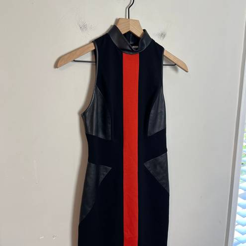 Jason Wu - Sheath Bodycon Midi Dress Leather Panel Red Stripe Mock Neck