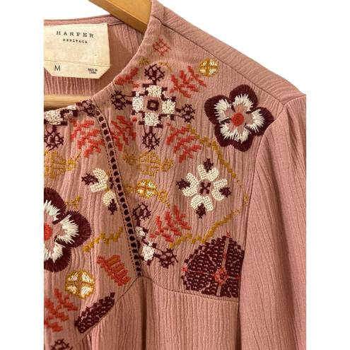 Harper  Blouse Francesca’s Pink Embroidered Medium Floral Long Sleeve Boho