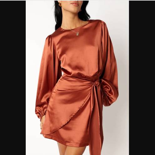 Petal and Pup  Opal Rust Satin Long Balloon Sleeve Wrap Mini Dress 8