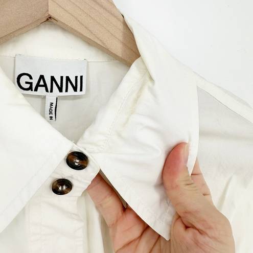 Ganni  Ruched Cotton Poplin Shirt Button Down Long Sleeve White Women's 34 US 4