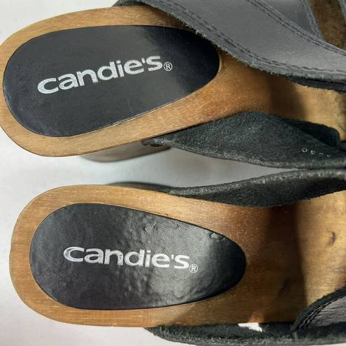 Candie's Vtg 1980's  Size 7 Platforms Sandals Black Leather Wood Chunky Heels Stud