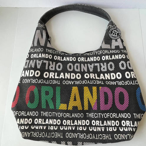 Robin Ruth  ORLANDO Hobo Large Shoulder Bag Black Canvas Texture Lettering Tag