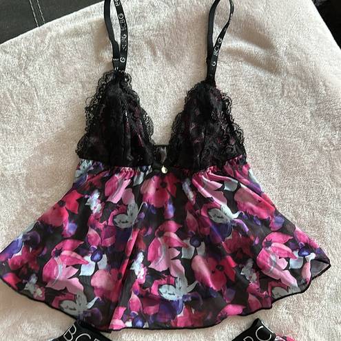 BCBG Lingerie Floral Lacy Night Set Camisole and Shorts Pink / Purple