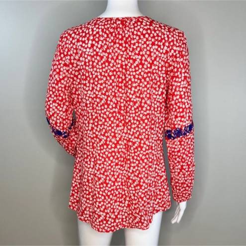 Solitaire  Blouse Womens Medium Red White Ditzy Floral Blue Embroidery Bohemian