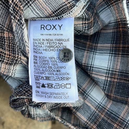 Roxy  long sleeve brown plaid button down shirt front knot tie size large NEW