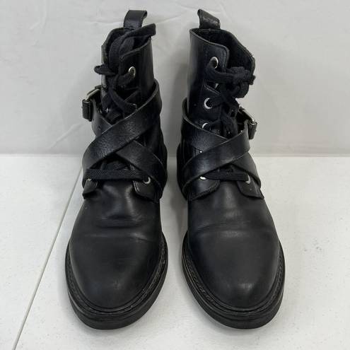 All Saints Size 36 5 Combat Boots Black Leather Criss Cross Buckle Strap READ