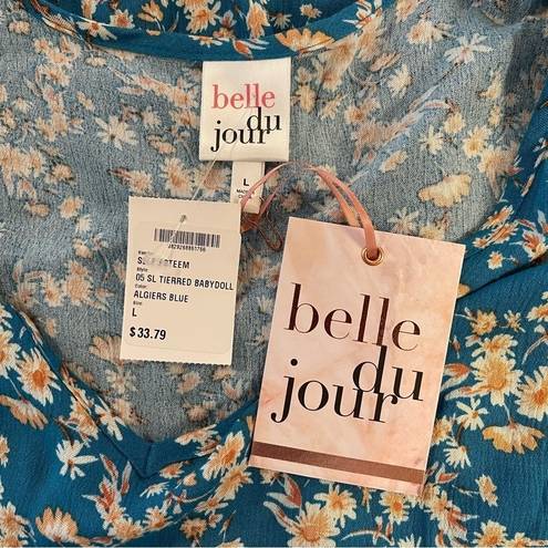 belle du jour  Algiers blue floral tiered rayon babydoll tunic top Size L NWT