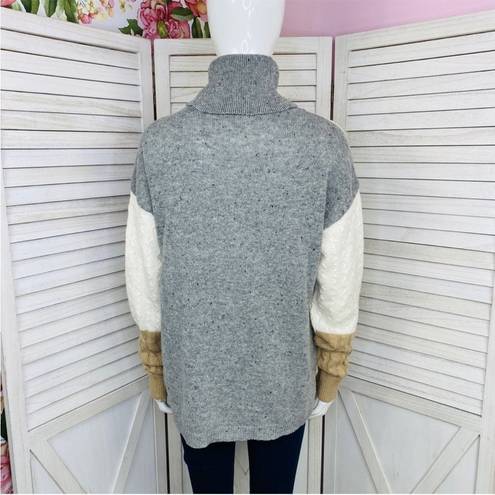 Versona  Multi Pattern Color Block Turtleneck Sweater Gray Tan Large