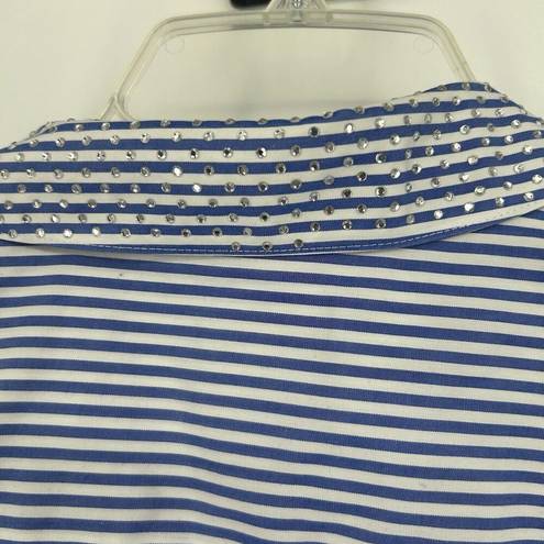 Chico's  1 Size M No Iron Button Front Tunic Top Blue Stripe Bedazzled Collar