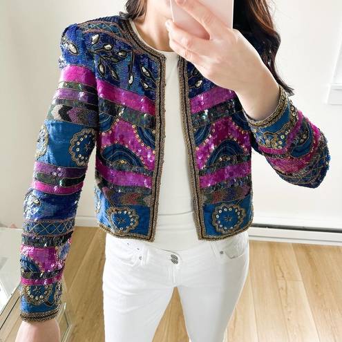 Vintage Blue  Pink Beaded Sequin Silk Blazer Jacket Mardi Gras sz Small