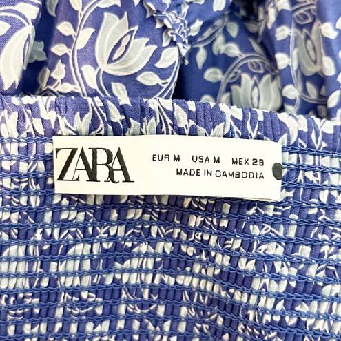 ZARA  Floral Ballon Short Puff Sleeve Mini Sundress Blue White Medium