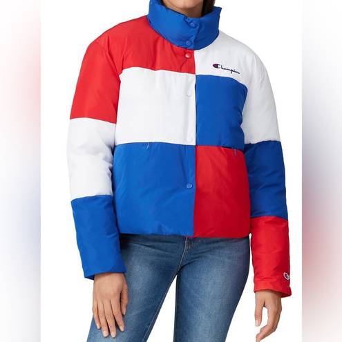 Champion NWOT  Colorblock Surf The Web Puffer Coat Puffy Jacket Red White Blue XL