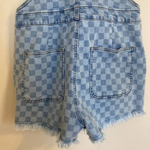 No Bo Junior Women’s  Light Checked Frayed Hem Denim Shortalls Size Medium (7/8)