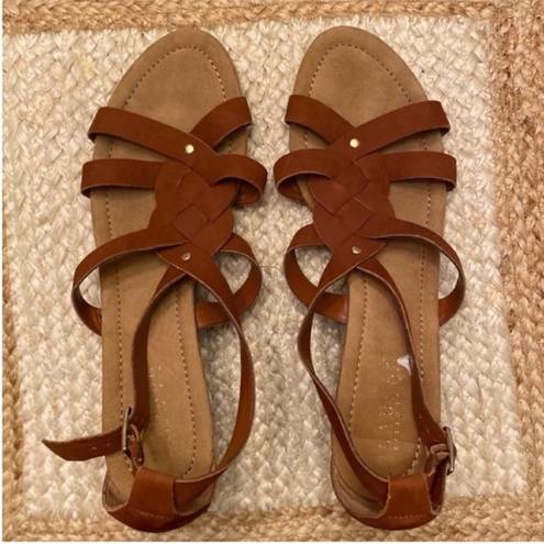 Ralph Lauren  Brown Cognac Suede Leather T-Strap Lydia Wedge Sandals Size 10