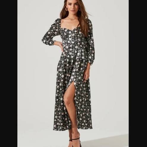 ASTR Black Floral Puff Sleeve Sweetheart Neck Satin Midi Dress XS