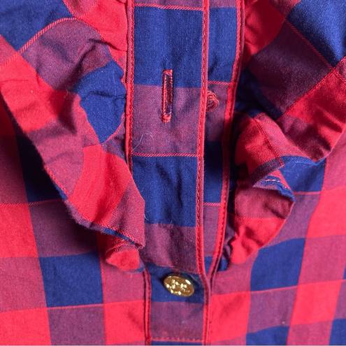 Draper James Draper Jane button up shirt 8 long sleeve plaid western ruffle navy blue red