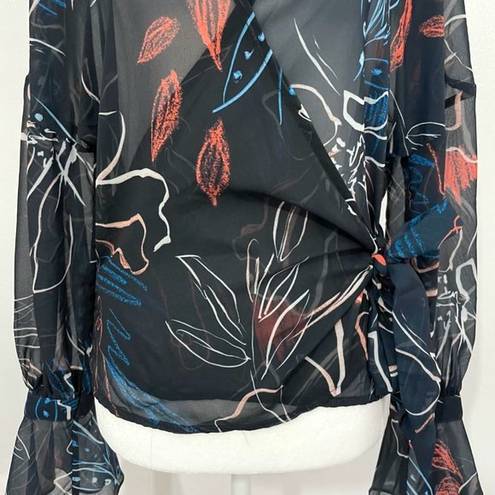 Stylestalker Floral Print Sheer Chiffon Bell Sleeve Wrap Blouse Navy Size Small