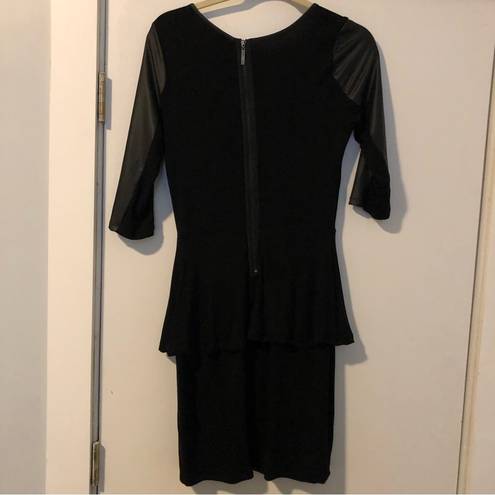 Kensie black faux leather mini dress 3/4 long sleeves zipper peplum piping small