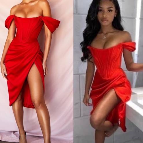 House Of CB  'Loretta' Red Satin Off Shoulder Dress/Size XS NWOT