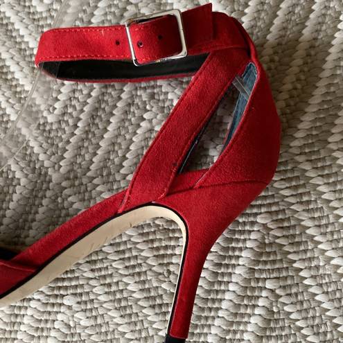Marc Fisher Women red suede ankle wrapped pointed toes stilettos d’orsay shoes, Size 61/2M
