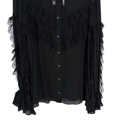 Alexis  Silk Lace Trim Mock Neck Blouse with Faceted Buttons Black Size L