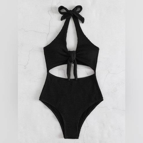 One Piece Black textured cut out halter  swimsuit