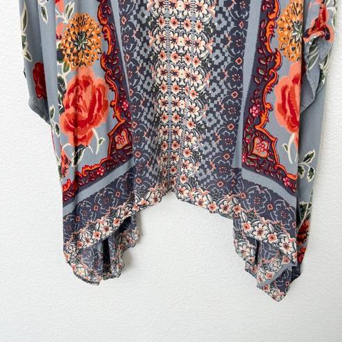 Angie [] Dove Gray Floral Print Flowy Open Front Kimono Cover-Up Boho Top Large L