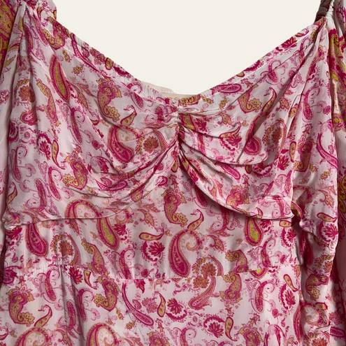 Rococo  Sand Pink White Paisley Print Long Puff Sleeve Mini Dress Size M