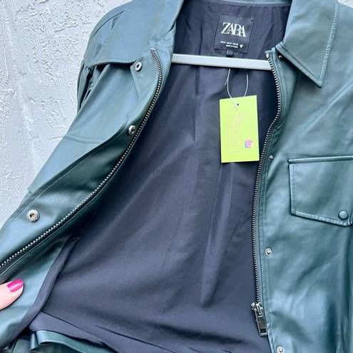 ZARA dark green vegan leather puff sleeve jacket medium