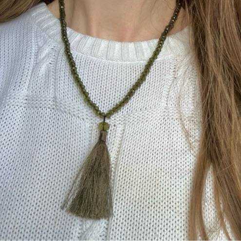 American Vintage Vintage “Ophelie” Green Crystal Tassel Feather Necklace Olive Emerald Rhinestone