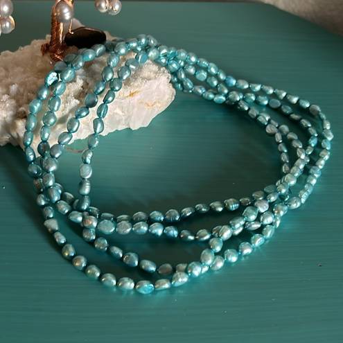 infinity Endless  63” Strand Dyed Vibrant Sky Blue Freshwater Rice Pearl Necklace