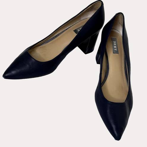 DKNY  Leather Block Heel Pointed Toe Pumps Shoes Navy Blue 41 US 10 am